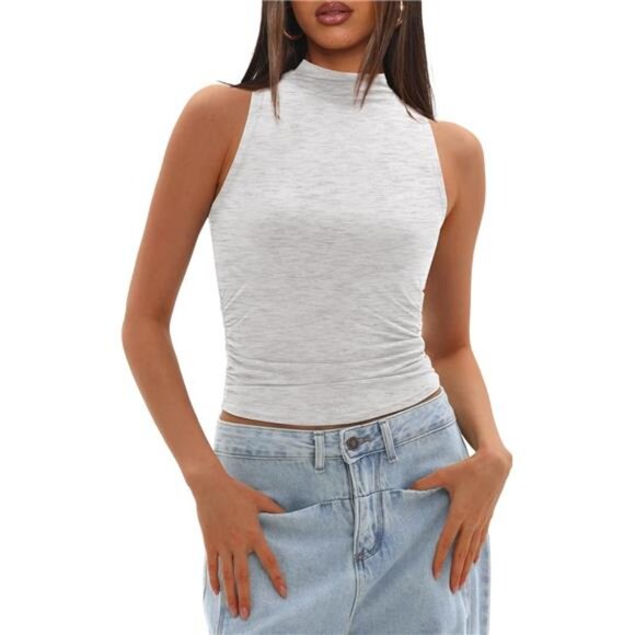 Women's Tank Tops Summer Mock Neck Light Grey - Picture 1 of 5